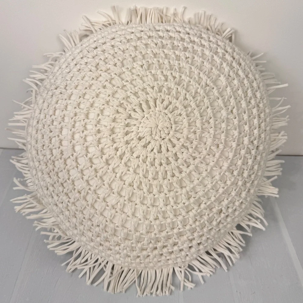 Radiant Exports Throw Pillow 16in Cream Macrame Crochet Boho Decor Fringe